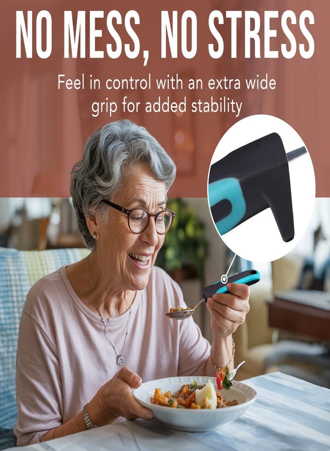 BUNMO Adaptive Utensils for Elderly, Arthritis, Weak Hand Grip, Tremors & Handicapped - Convenient Travel Pouch - 3.35oz Lightweight - Stainless Steel - Eat Independently - Adaptive Blue 4 Piece Set - Image 4